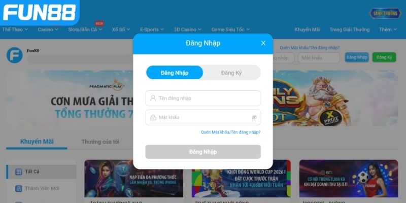 Hướng dẫn nhập dữ liệu khi đăng nhập Fun88